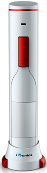 Sacacorchos eléctrico iTronics de color blanco y rojo con la silueta de una botella de vino